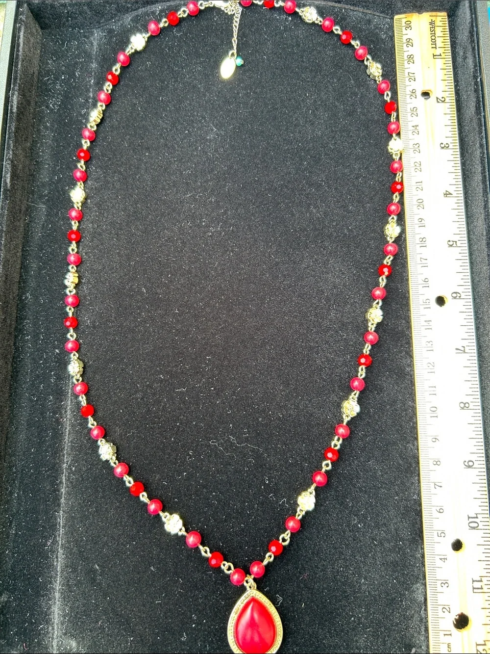 Gold-Tone Necklace with Red Teardrop Pendant